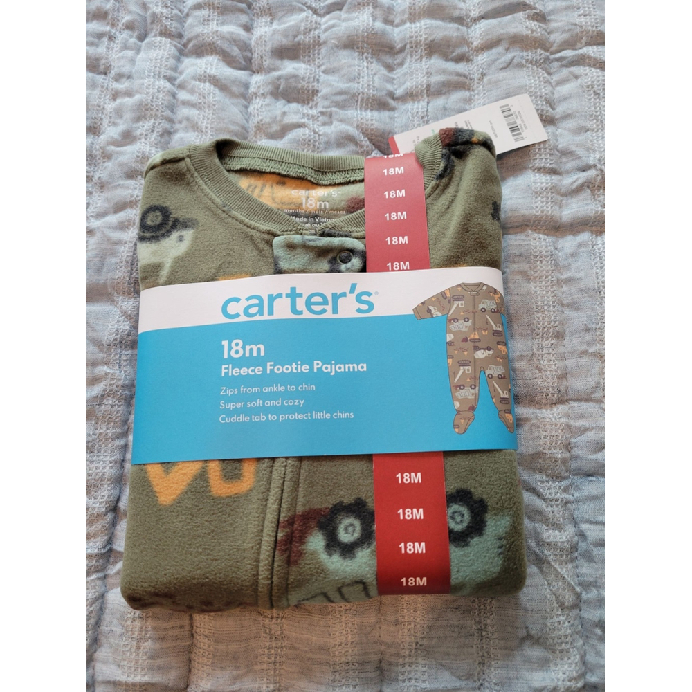 Boys Carter's Size 18M Green Fleece Footie Pajamas Construction Trucks 🚚 NWT